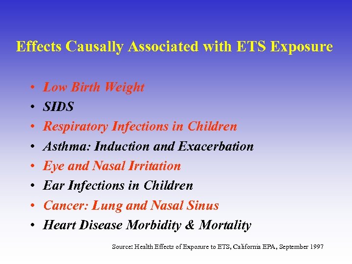 Effects Causally Associated with ETS Exposure • • Low Birth Weight SIDS Respiratory Infections