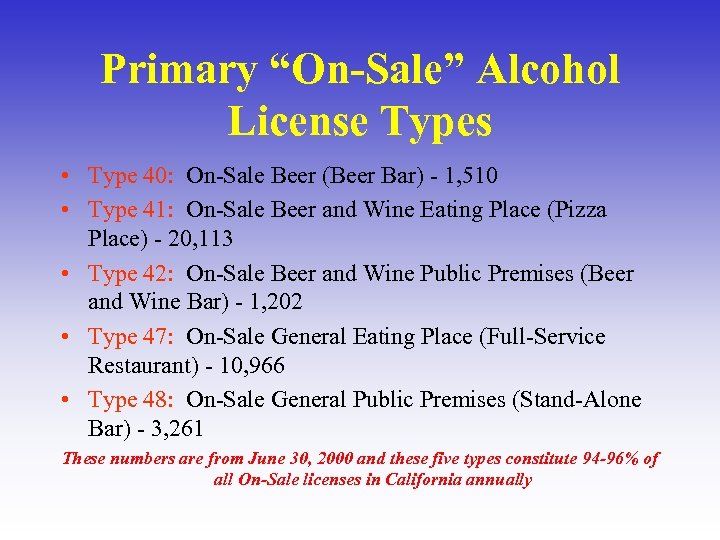 Primary “On-Sale” Alcohol License Types • Type 40: On-Sale Beer (Beer Bar) - 1,