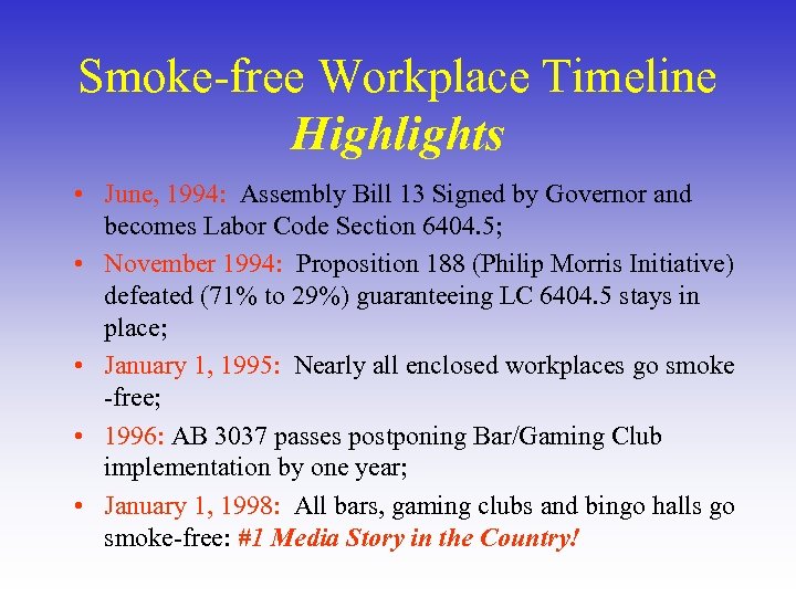 Smoke-free Workplace Timeline Highlights • June, 1994: Assembly Bill 13 Signed by Governor and