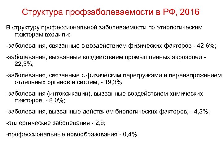 Структура профзаболеваемости в РФ, 2016 В структуру профессиональной заболеваемости по этиологическим факторам входили: заболевания,