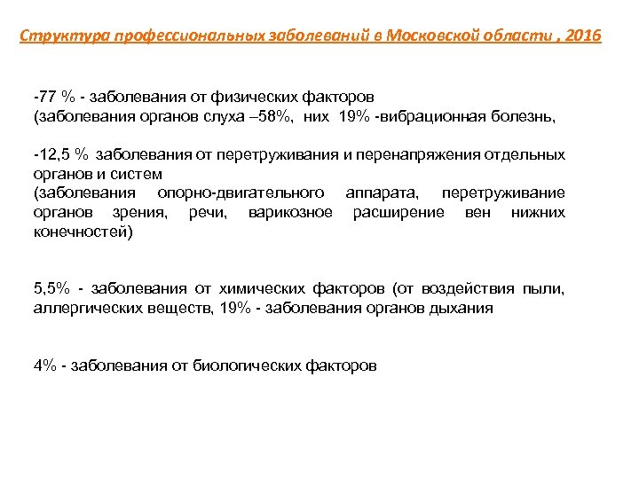 Структура профессиональных заболеваний в Московской области , 2016 77 % заболевания от физических факторов