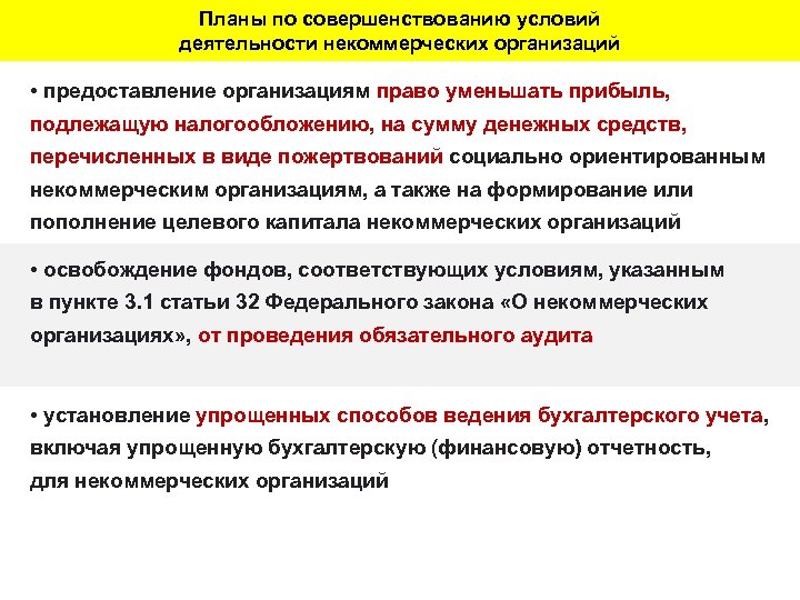 Планы по совершенствованию условий деятельности некоммерческих организаций • предоставление организациям право уменьшать прибыль, подлежащую