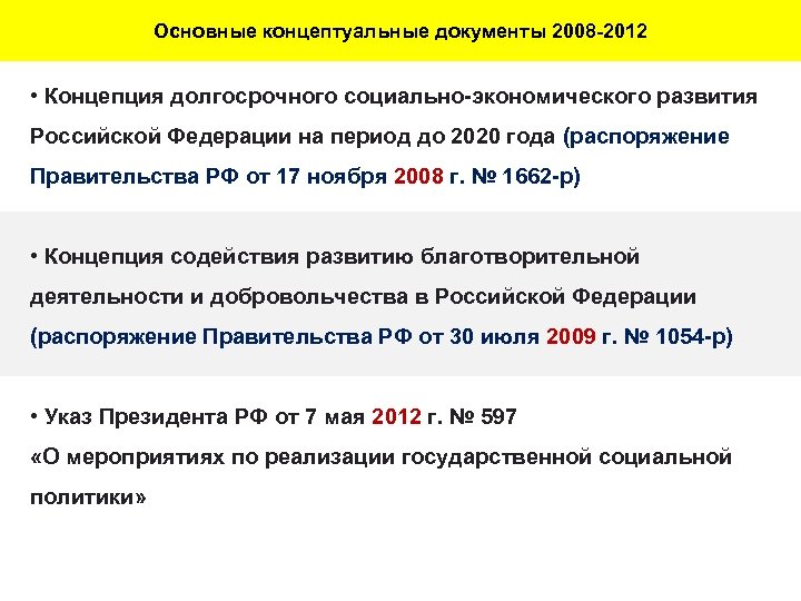 Основные концептуальные документы 2008 -2012 • Концепция долгосрочного социально-экономического развития Российской Федерации на период