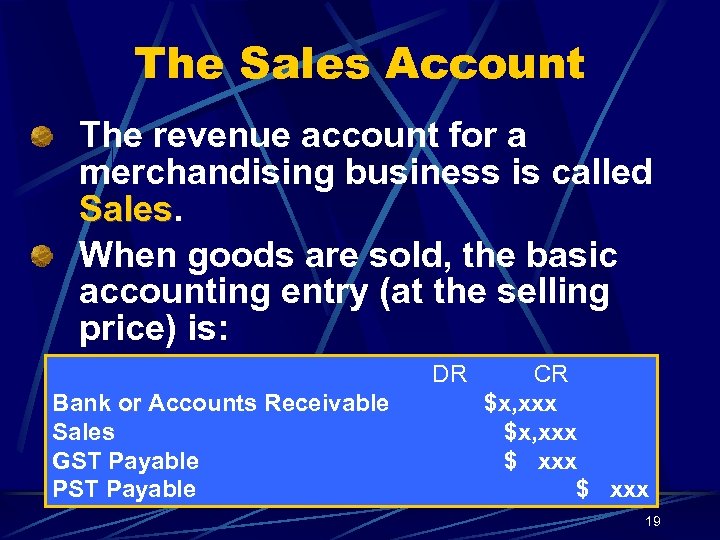 The Sales Account The revenue account for a merchandising business is called Sales When