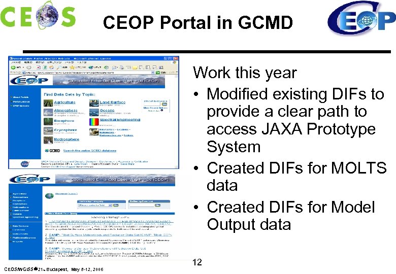 CEOP Portal in GCMD Work this year • Modified existing DIFs to provide a