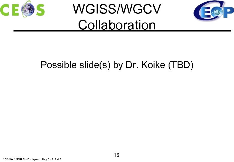 WGISS/WGCV Collaboration Possible slide(s) by Dr. Koike (TBD) CEOS/WGISS＃21、Budapest, May 8 -12, 2006 16