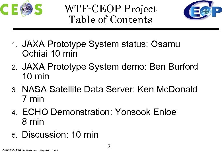 WTF-CEOP Project Table of Contents 1. 2. 3. 4. 5. JAXA Prototype System status: