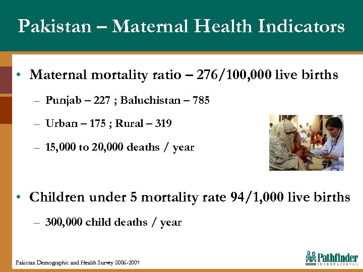 Pakistan – Maternal Health Indicators • Maternal mortality ratio – 276/100, 000 live births