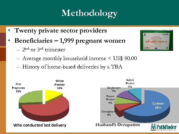 Methodology • Twenty private sector providers • Beneficiaries – 1, 999 pregnant women –