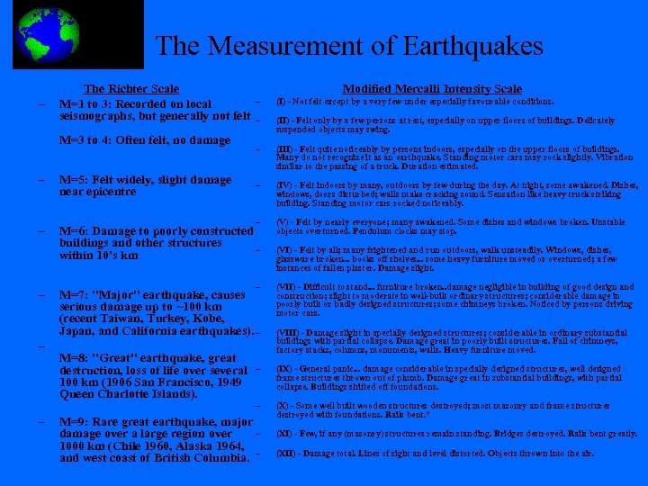 The Measurement of Earthquakes – The Richter Scale M=1 to 3: Recorded on local