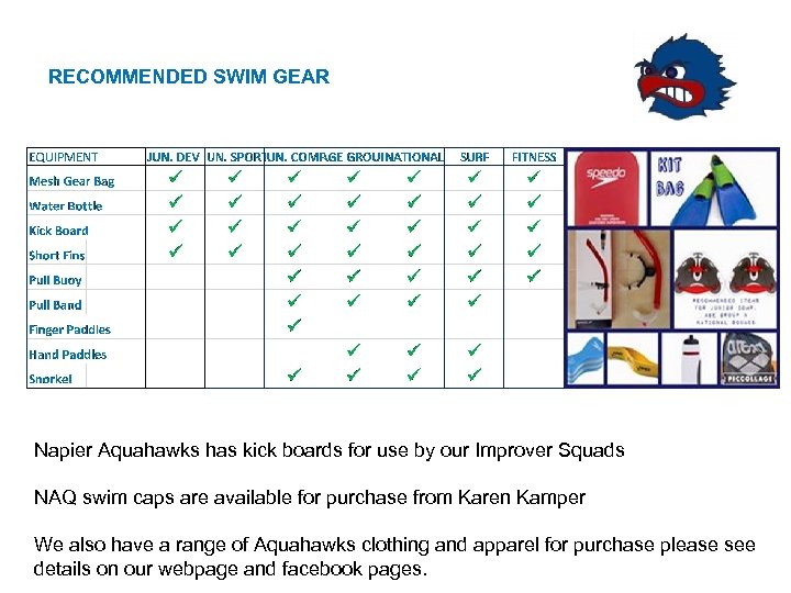 RECOMMENDED SWIM GEAR Napier Aquahawks has kick boards for use by our Improver Squads