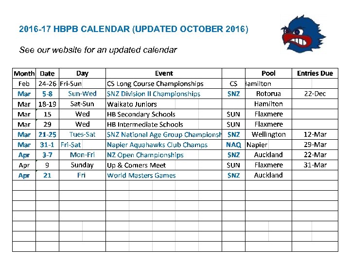 2016 -17 HBPB CALENDAR (UPDATED OCTOBER 2016) See our website for an updated calendar