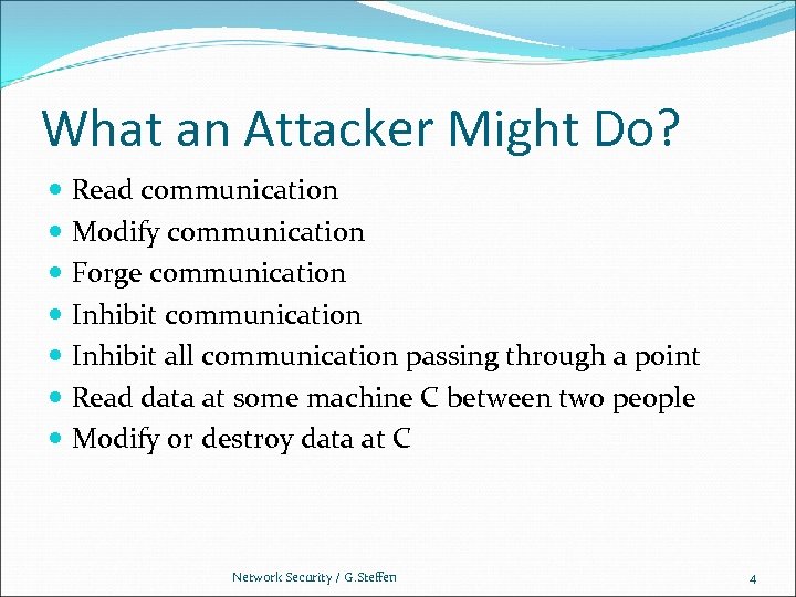 What an Attacker Might Do? Read communication Modify communication Forge communication Inhibit all communication