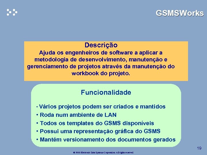 GSMSWorks Descrição Ajuda os engenheiros de software a aplicar a metodologia de desenvolvimento, manutenção