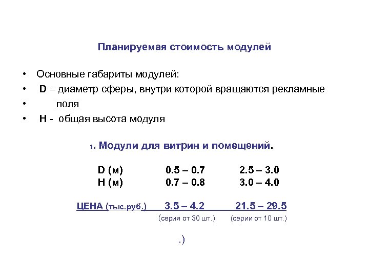 Планируемая стоимость модулей • Основные габариты модулей: • D – диаметр сферы, внутри которой
