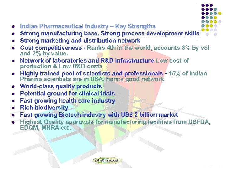 l l l Indian Pharmaceutical Industry – Key Strengths Strong manufacturing base, Strong process