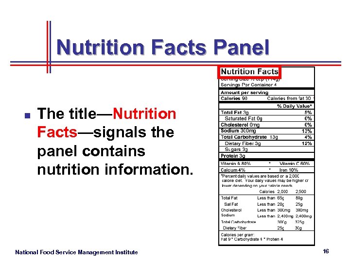 Nutrition Facts Panel n The title—Nutrition Facts—signals the panel contains nutrition information. National Food