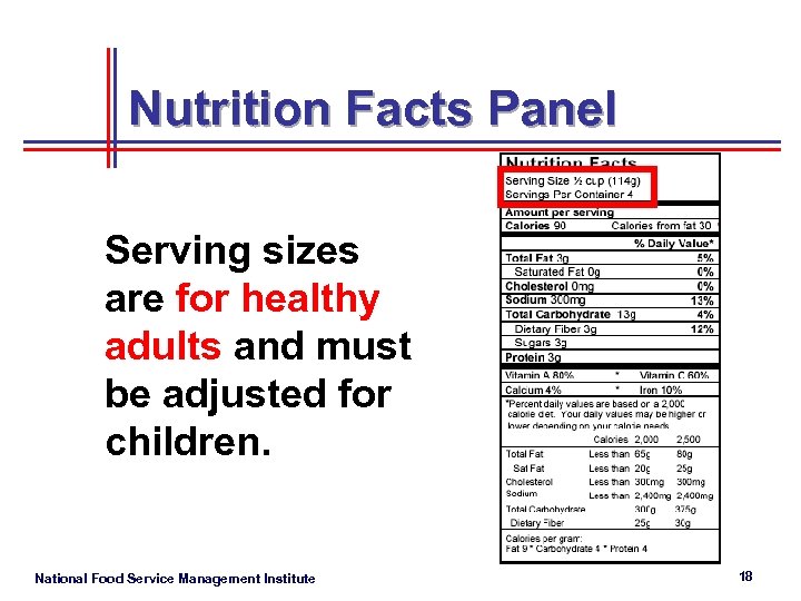 Nutrition Facts Panel Serving sizes are for healthy adults and must be adjusted for