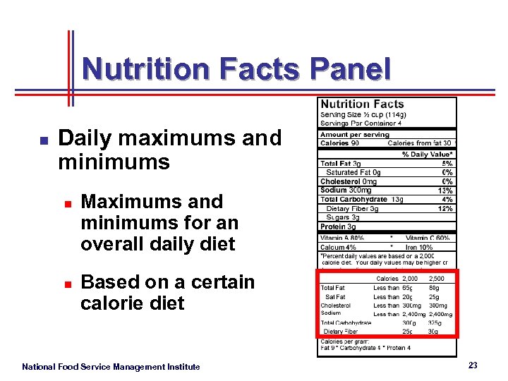 Nutrition Facts Panel n Daily maximums and minimums n n Maximums and minimums for