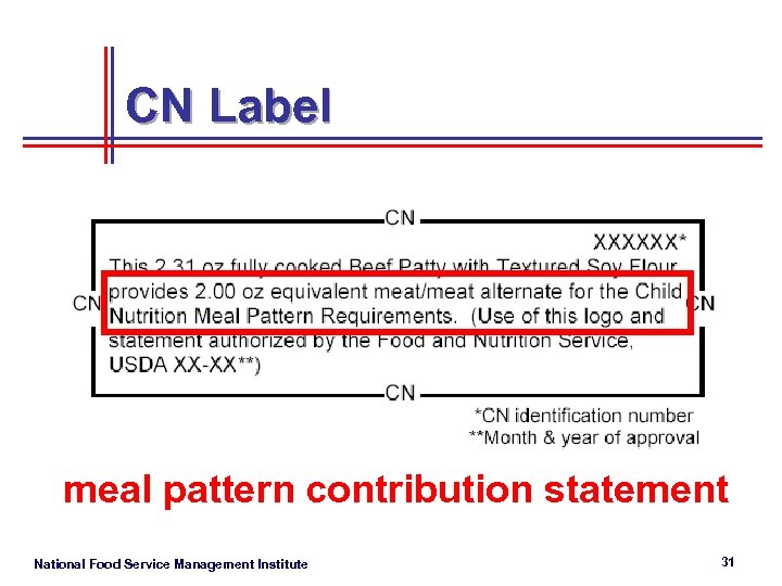 CN Label meal pattern contribution statement National Food Service Management Institute 31 