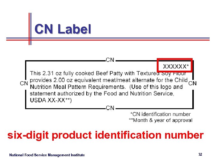 CN Label six-digit product identification number National Food Service Management Institute 32 