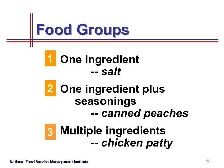 Food Groups 1 One ingredient -- salt 2 One ingredient plus seasonings -- canned