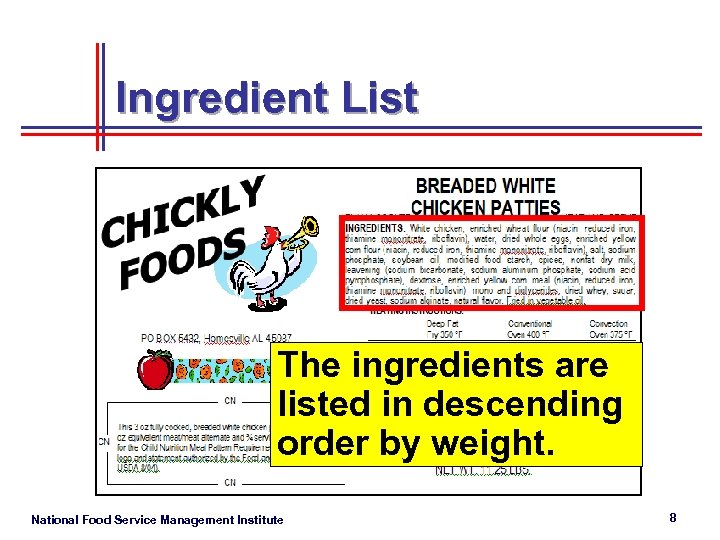 Ingredient List The ingredients are listed in descending order by weight. National Food Service