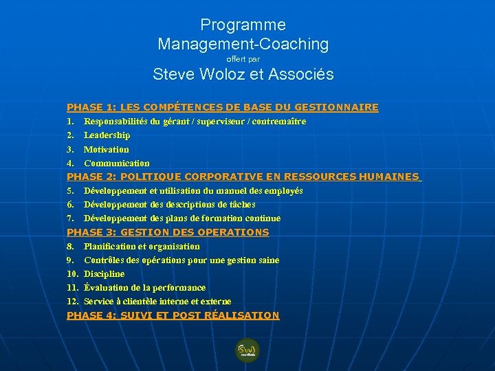 Programme Management-Coaching offert par Steve Woloz et Associés PHASE 1: LES COMPÉTENCES DE BASE