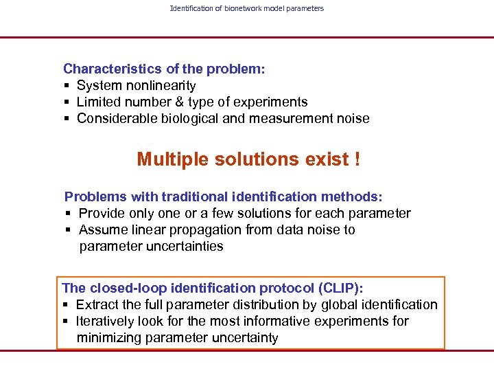 Identification of bionetwork model parameters Characteristics of the problem: § System nonlinearity § Limited