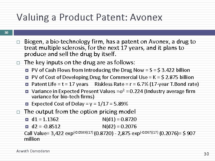 Valuing a Product Patent: Avonex 30 Biogen, a bio-technology firm, has a patent on