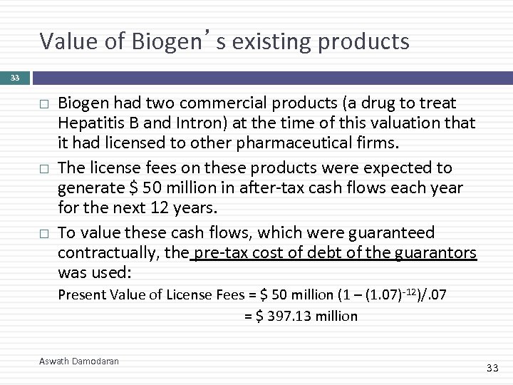 Value of Biogen’s existing products 33 Biogen had two commercial products (a drug to