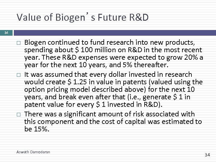 Value of Biogen’s Future R&D 34 Biogen continued to fund research into new products,