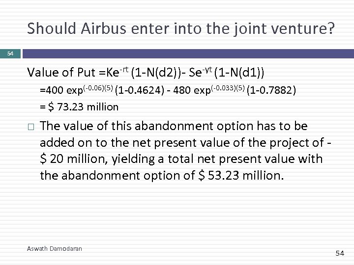 Should Airbus enter into the joint venture? 54 Value of Put =Ke-rt (1 -N(d