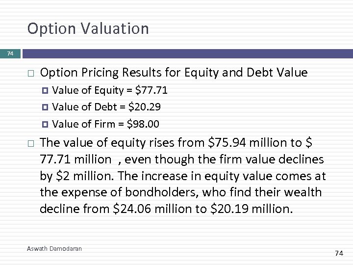 Option Valuation 74 Option Pricing Results for Equity and Debt Value of Equity =