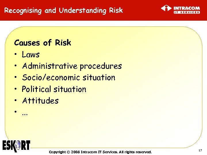 Recognising and Understanding Risk Causes of Risk • Laws • Administrative procedures • Socio/economic