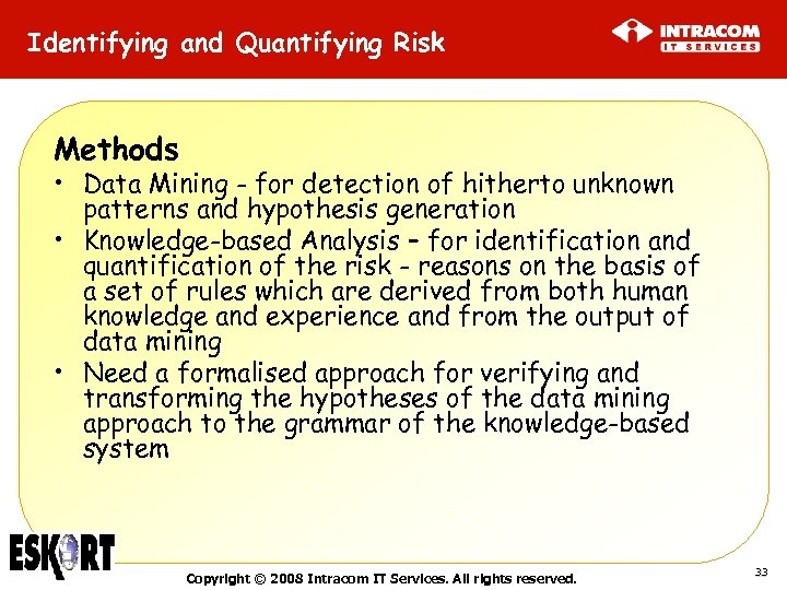 Identifying and Quantifying Risk Methods • Data Mining - for detection of hitherto unknown