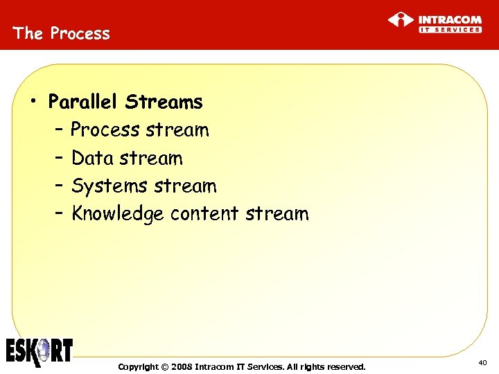 The Process • Parallel Streams – Process stream – Data stream – Systems stream