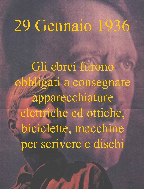 29 Gennaio 1936 Gli ebrei furono obbligati a consegnare apparecchiature elettriche ed ottiche, biciclette,