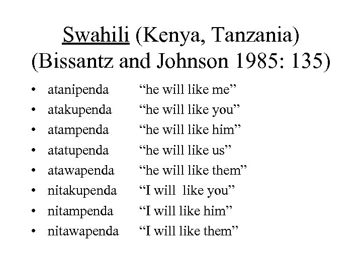 Swahili (Kenya, Tanzania) (Bissantz and Johnson 1985: 135) • • atanipenda atakupenda atampenda atatupenda