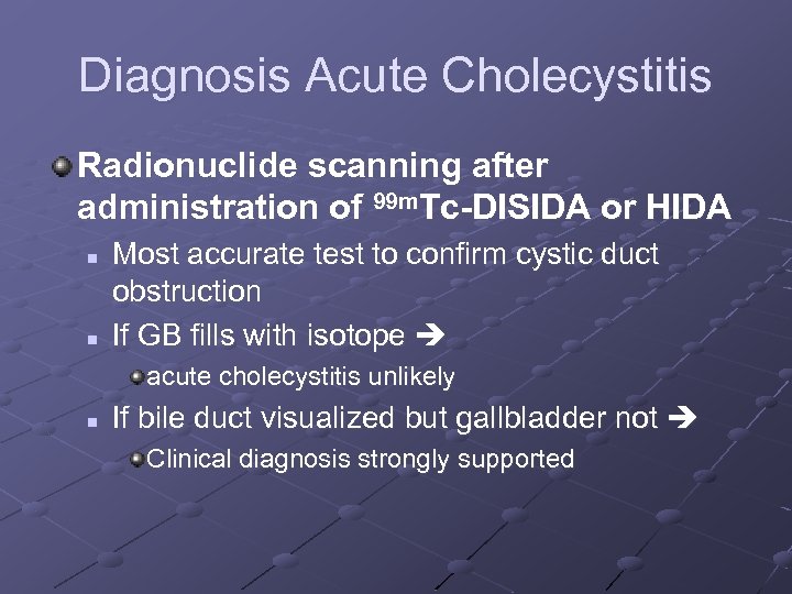 Diagnosis Acute Cholecystitis Radionuclide scanning after administration of 99 m. Tc-DISIDA or HIDA n
