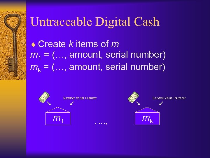 Untraceable Digital Cash ¨ Create k items of m m 1 = (…, amount,