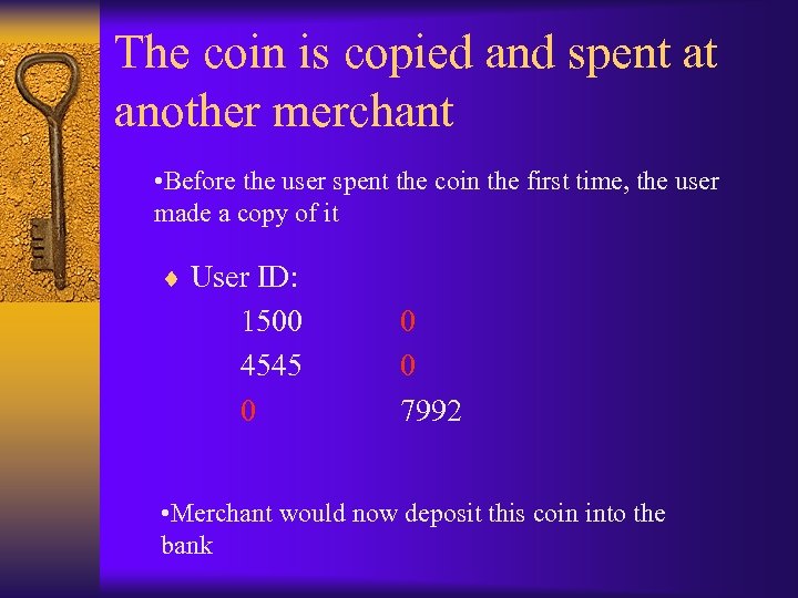 The coin is copied and spent at another merchant • Before the user spent