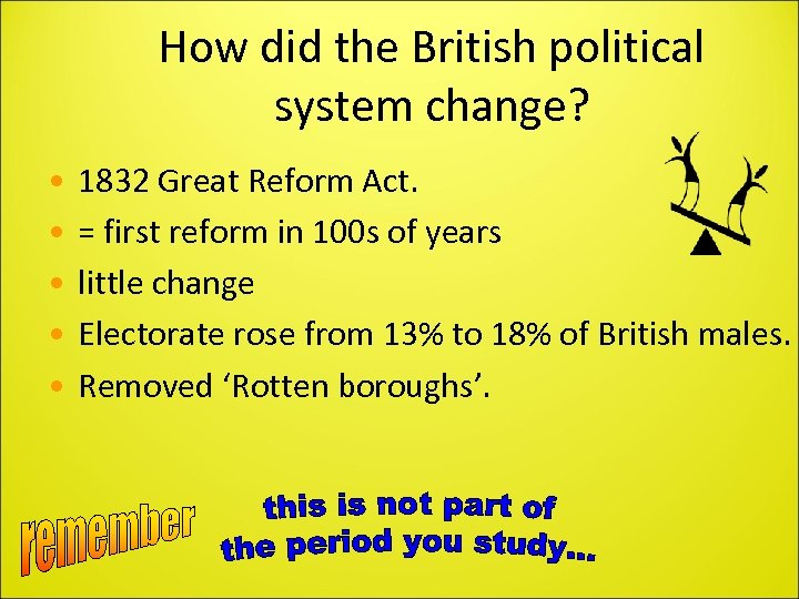 How did the British political system change? • • • 1832 Great Reform Act.