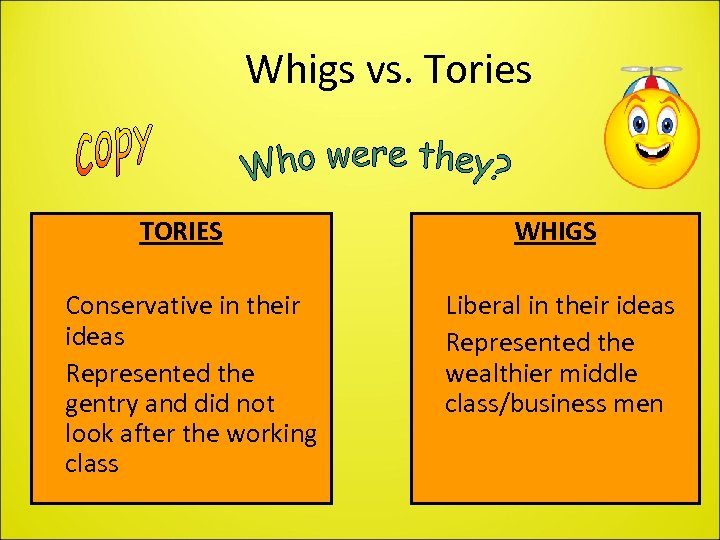 Whigs vs. Tories TORIES • Conservative in their ideas • Represented the gentry and