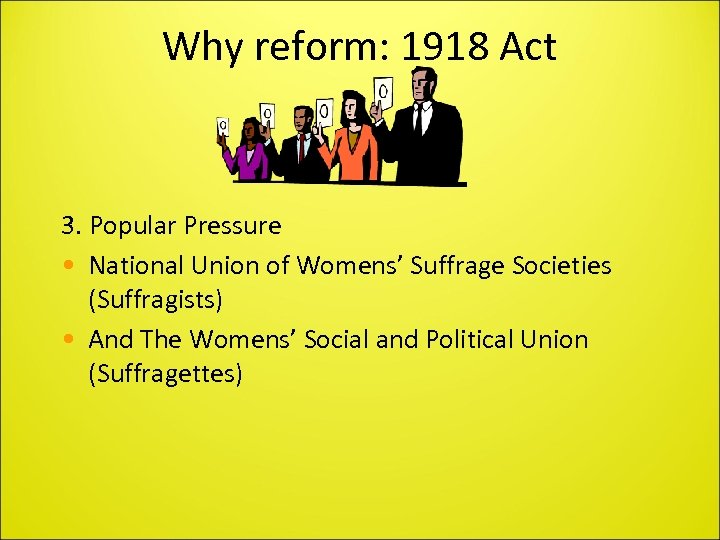 Why reform: 1918 Act 3. Popular Pressure • National Union of Womens’ Suffrage Societies