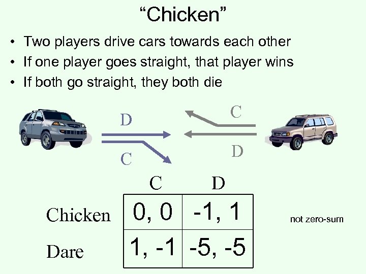 “Chicken” • Two players drive cars towards each other • If one player goes