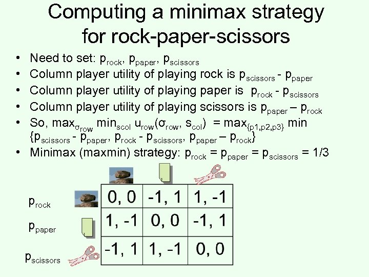 Computing a minimax strategy for rock-paper-scissors • • • Need to set: prock, ppaper,