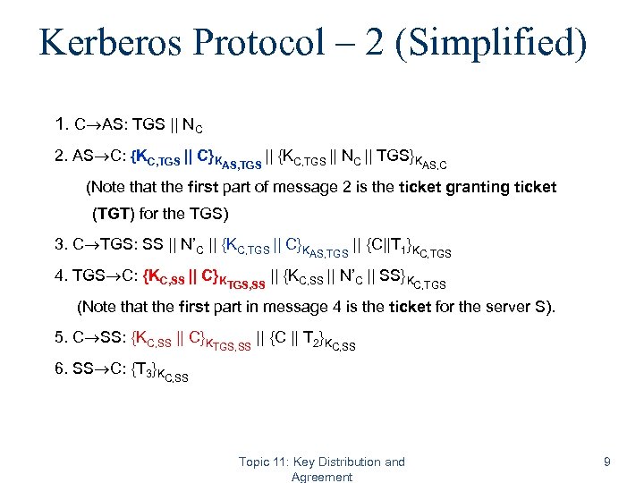 Kerberos Protocol – 2 (Simplified) 1. C AS: TGS || NC 2. AS C: