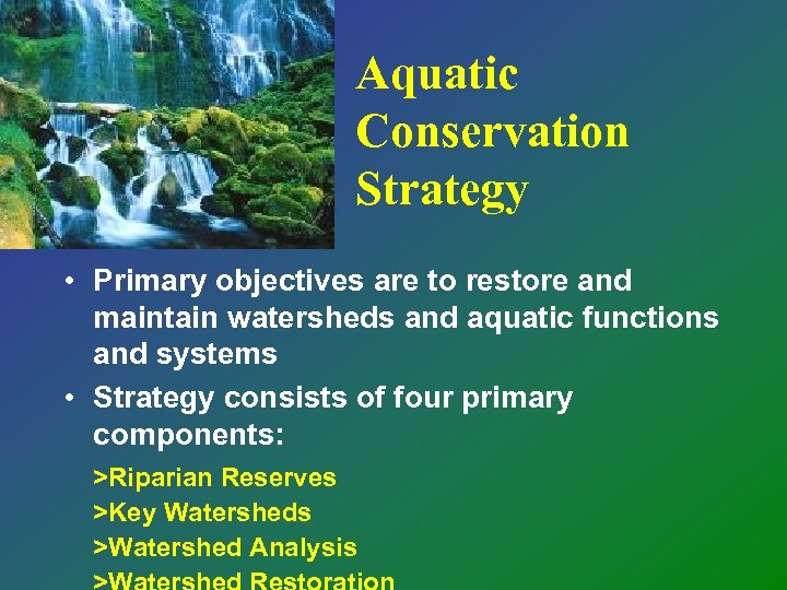 Aquatic Conservation Strategy • Primary objectives are to restore and maintain watersheds and aquatic