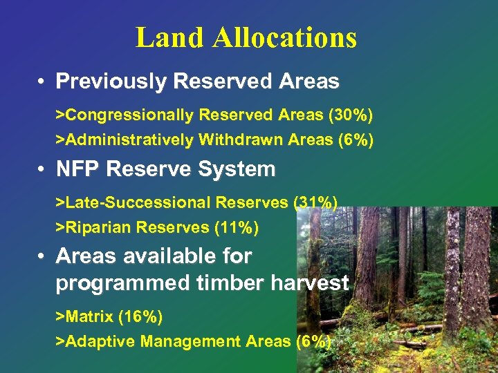 Land Allocations • Previously Reserved Areas >Congressionally Reserved Areas (30%) >Administratively Withdrawn Areas (6%)